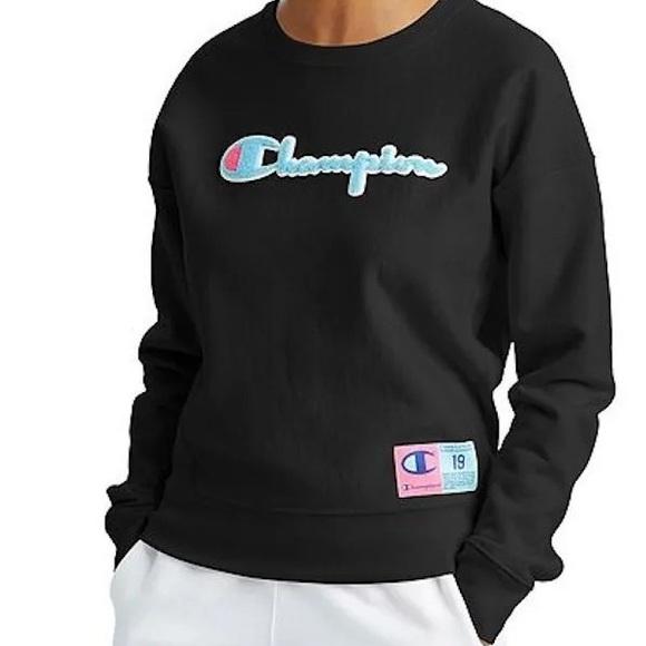 Champion Reverse Weave Black Teal Chenille Script Logo Crewneck Sweatshirt L - Picture 3 of 8